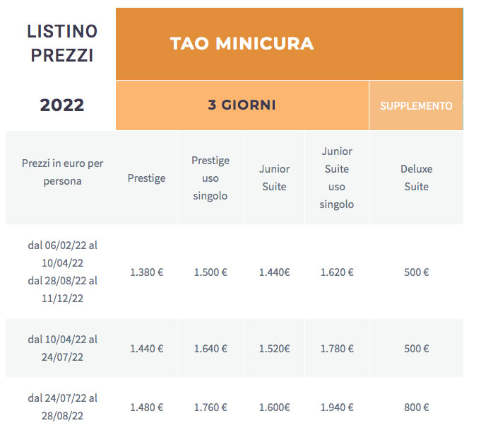 listino prezzi centro Tao 2022
